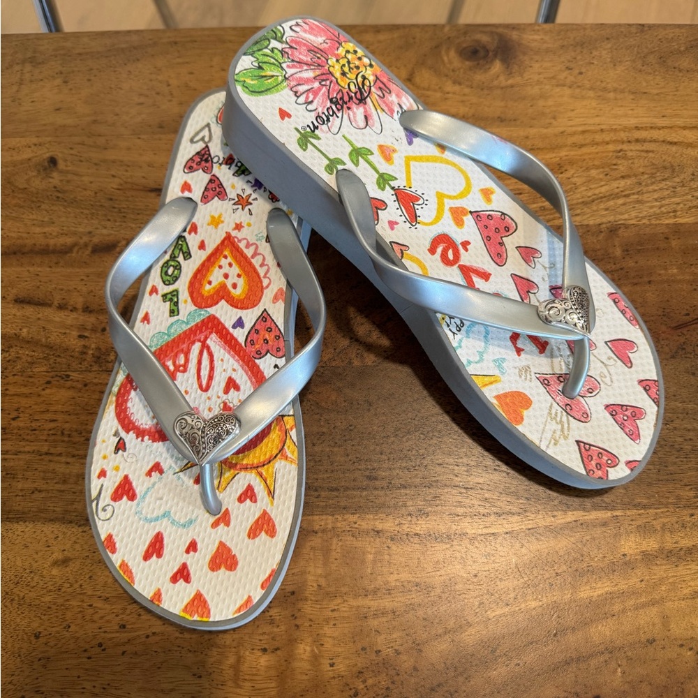 Brighton Silver Love Wedge Flip Flops with Brighton Jewel Heart Detail. Size 9
